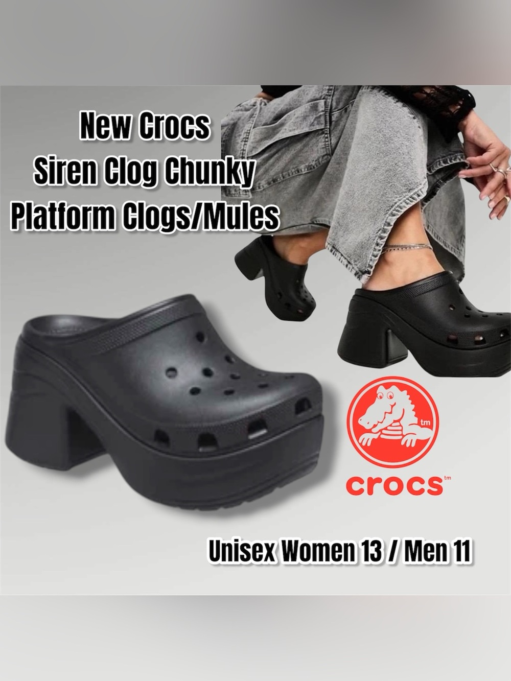 New CROCS Siren Platform Clog Mules - Black, Unisex Size Men 11 / Women 13
